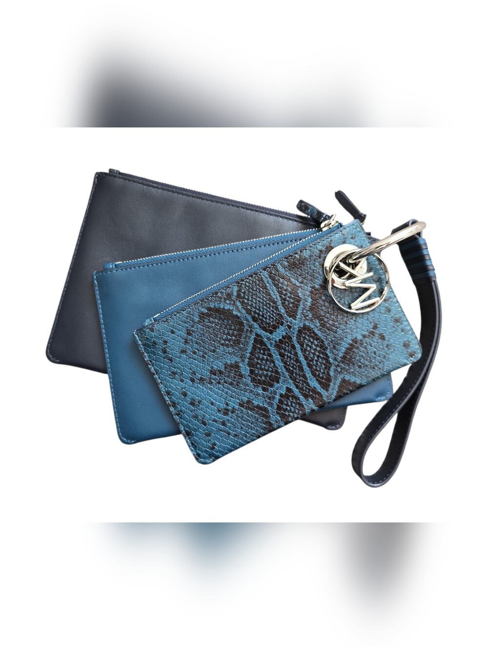 NWOT Michael Kors Jet Set Travel Two-Tone Leather Pouch Trio Wristlet navy blue - Picture 10 of 13